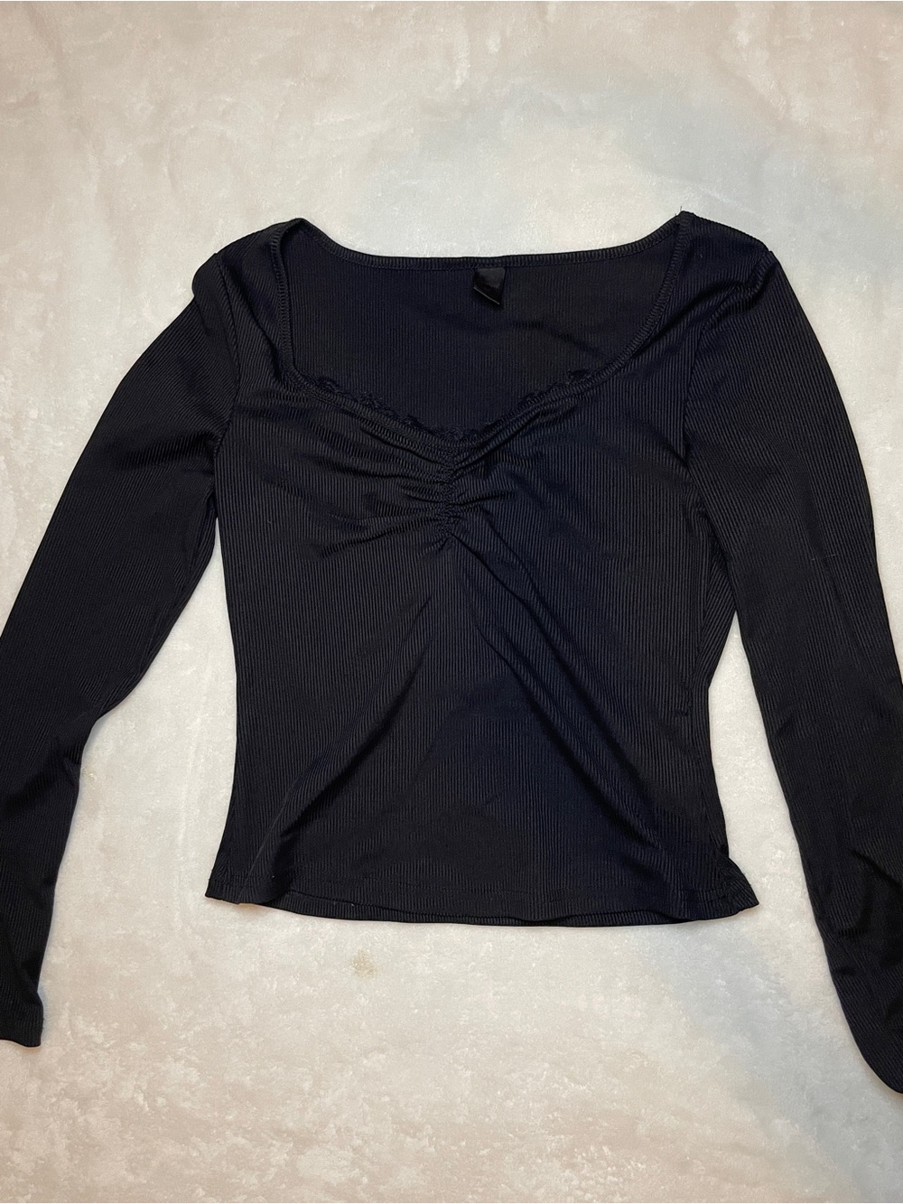 Black Long-Sleeve Ruched Scoop Neck Top